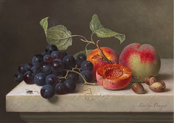 Emilie Preyer - Still life with grapes, peaches and hazelnuts on a marble platter | MasterArt